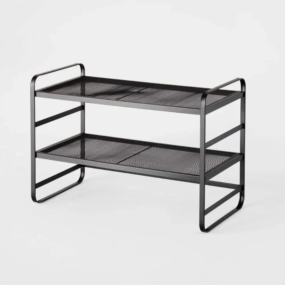 

2 Tier Metal Mesh Shoe Rack (Black), Metal Shoe Rack，14.6"D x 28.98"W x 20.1"H Inches