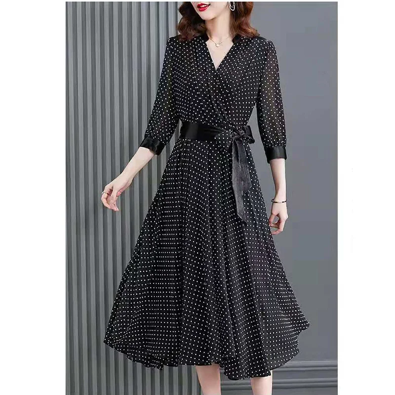 Elegant V-Neck Spliced Loose Bandage Bow Polka Dot Midi Dress Women Clothing 2023 Autumn New Oversized Office Lady Floral Dress