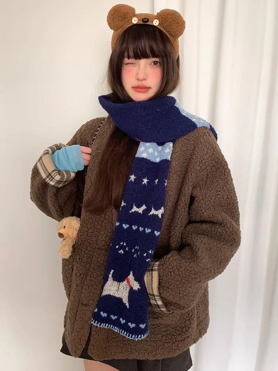 Japanese-Style Dark Blue Small Dog Knit Scarf For Women, Winter Cute Shopping Atmosphere Versatile Warm Student Wool Scarf