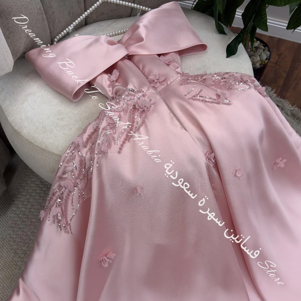 Customized Pink Satin Appliques Lace Beading Sequined Evening Dress A-Line Off the Shoulder with Sleeveless Homecomin