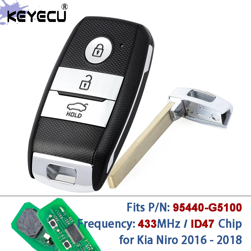 

KEYECU PN: 95440-G5100 434 МГц ID47 Чип Keyless-Go Смарт-брелок с дистанционным управлением для Kia Niro 2016 2017 2018 3 кнопки