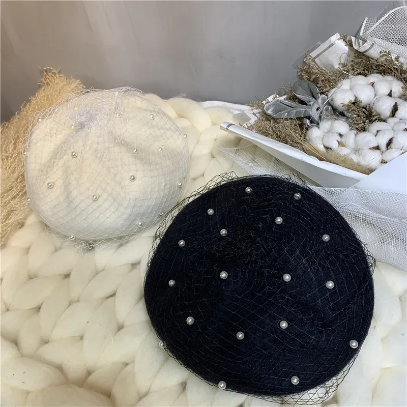 Fascinating Mesh Veil Wool Beret Fashion Letter M Women\'s Pearls Winter Warm Berets Vintage Felt French Painter Hat Female Caps