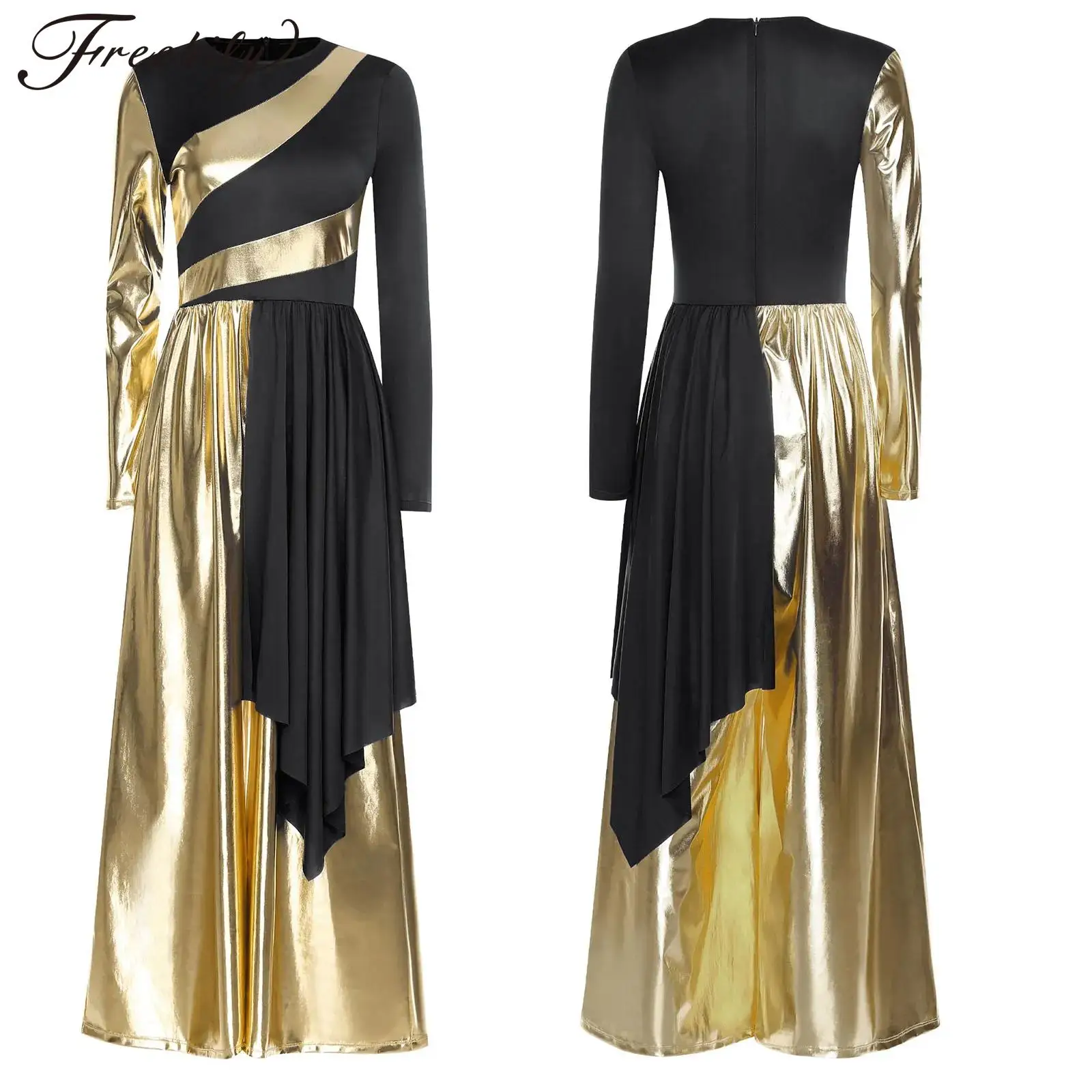 Disfraz de danza litúrgica para mujer, traje de actuación de adoración, danza lírica, monos metálicos de manga larga, disfraz de Carnaval de Halloween