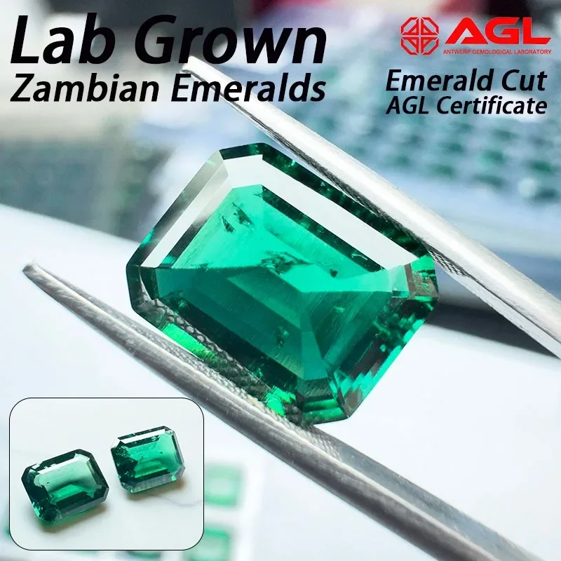 tabLab Grown Zambian Emeralds Hydrothermal Hand Cutting Emerald Cut with Cracks Inclusions Inside Selectable AGL Certificate
