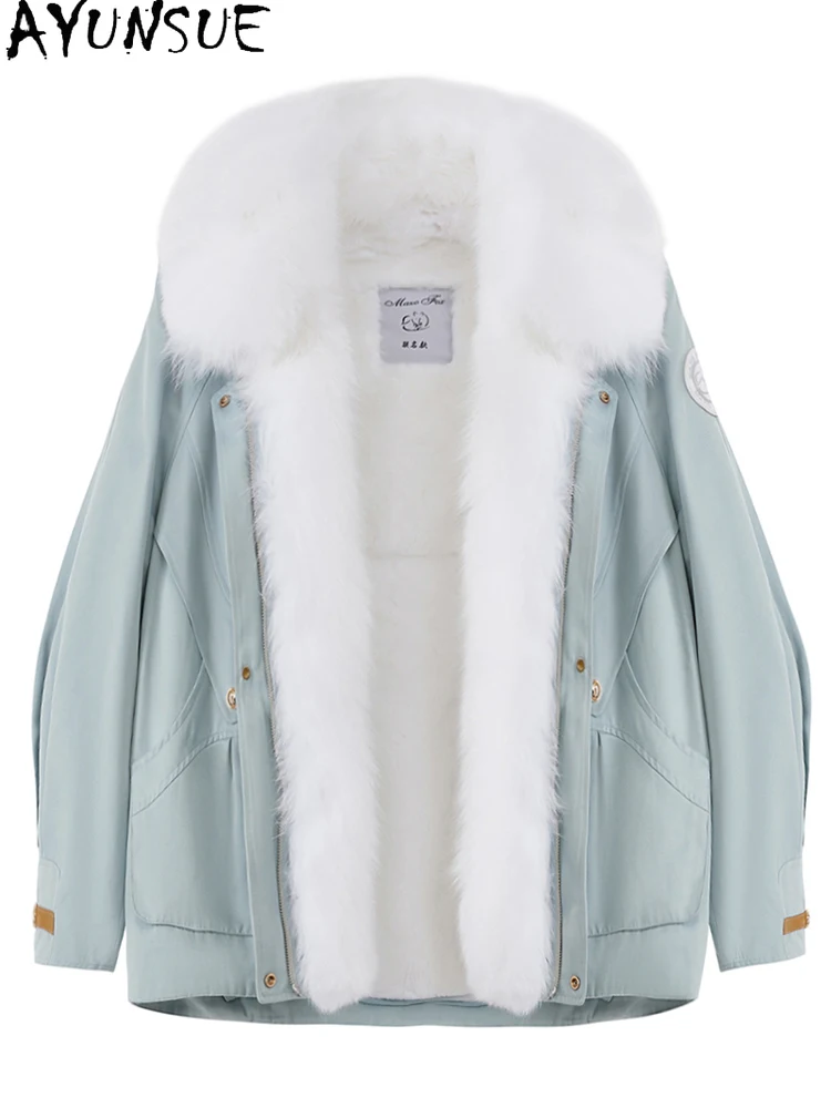 AYUNSUE الطبيعية ريكس الأرنب الفراء سترة النساء 2025 معطف الفرو الحقيقي الملابس الشتوية منتصف طويلة معطف واقٍ من المطر الثعلب الفراء طوق باخيلطو Жengarško