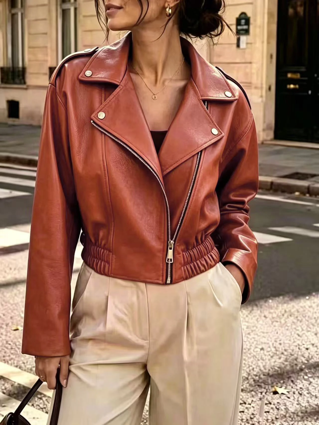 Women Cropped Faux Leather Biker Jacket Lapel Asymmetric Zipper Shoulder Stud Elastic Hem Moto Outerwear Multi‑Colors