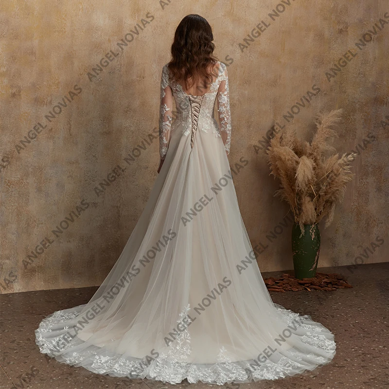 Angel Novias Tule Lange Mouw Trouwjurken 2026 Kant Bruidsjurk Aangepaste A-lijn Vrouwen Luxe Feestjurk Vrouw