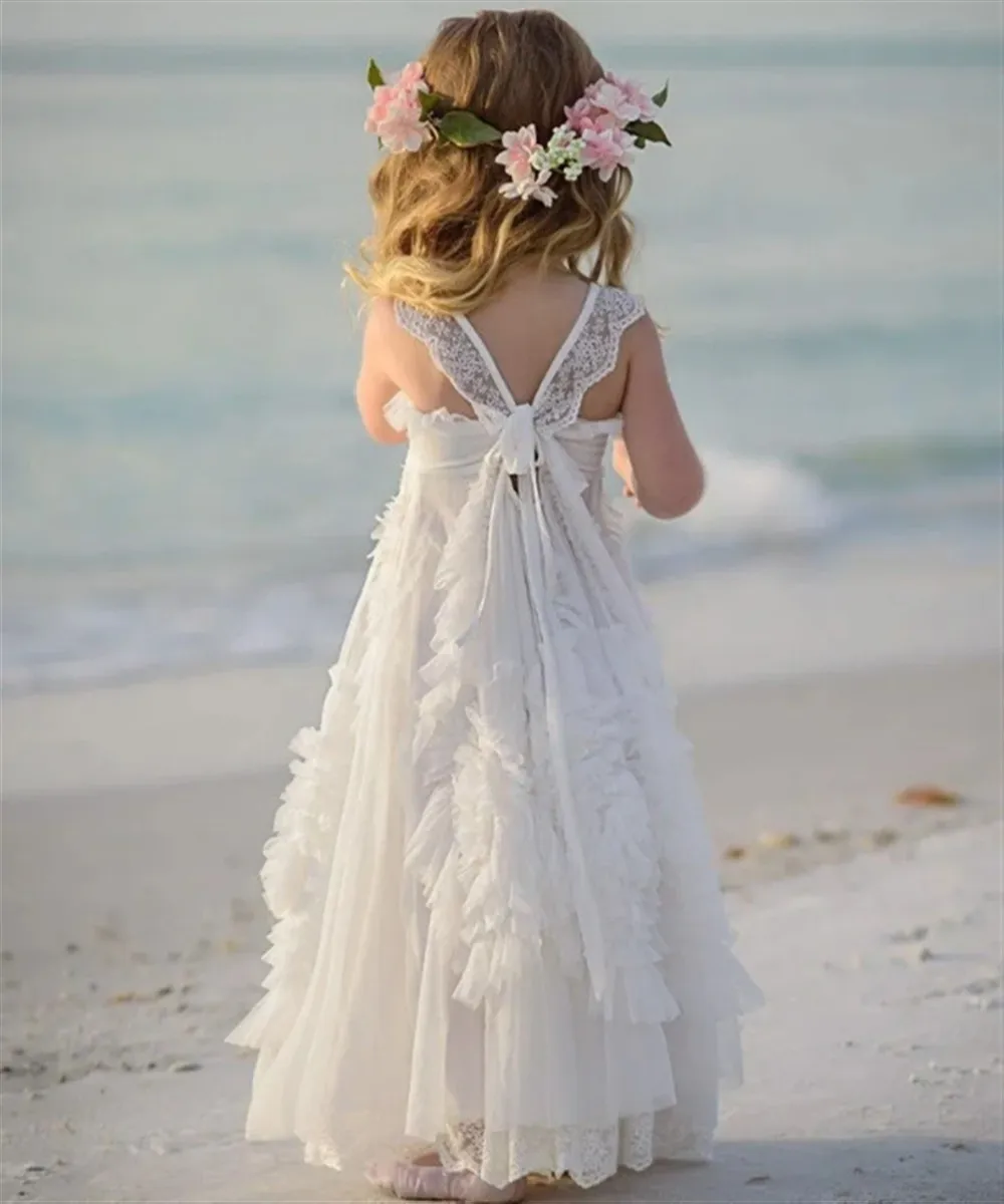 

Lovely Baby Kids Birthday Present Sleeveless Lace Printing Flower Girl Wedding Dress Princess First Communion Gown Elegant