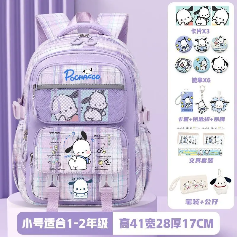 Sanrio Pacha Dog Cartoon Schoolbag para crianças, grande capacidade, estudante ultra-leve, redução de encargos, mochila de joelho