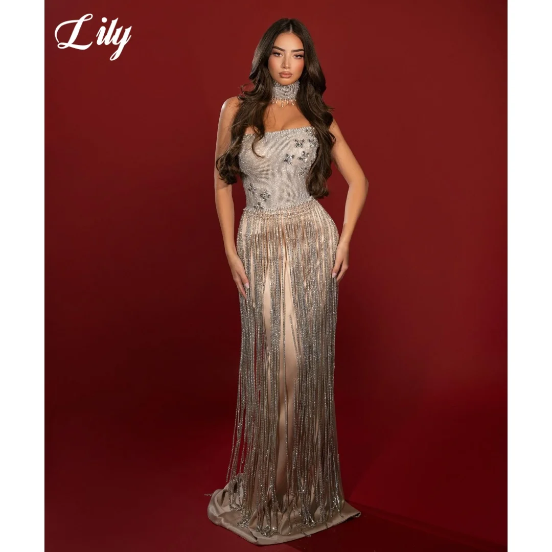 Lily Silver Fringe Prom Dress Strapless Rhinestone Covered Evening Gown Glitter Long Tassel Bodycon Formal Party Gown Customized