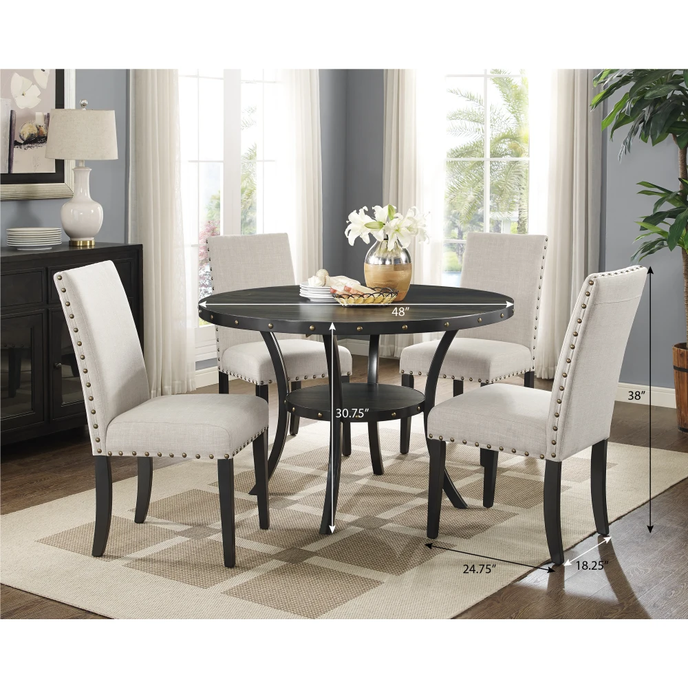 

Biony Espresso Wood Dining Set with Tan Fabric Nailhead Chairs