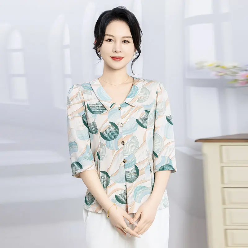 Mutter Frühling Sommer Pendeln 3/4 Ärmel Eis Seide Hemd Senior frauen Lose Große Größe Hemd Dünne Basis hemd