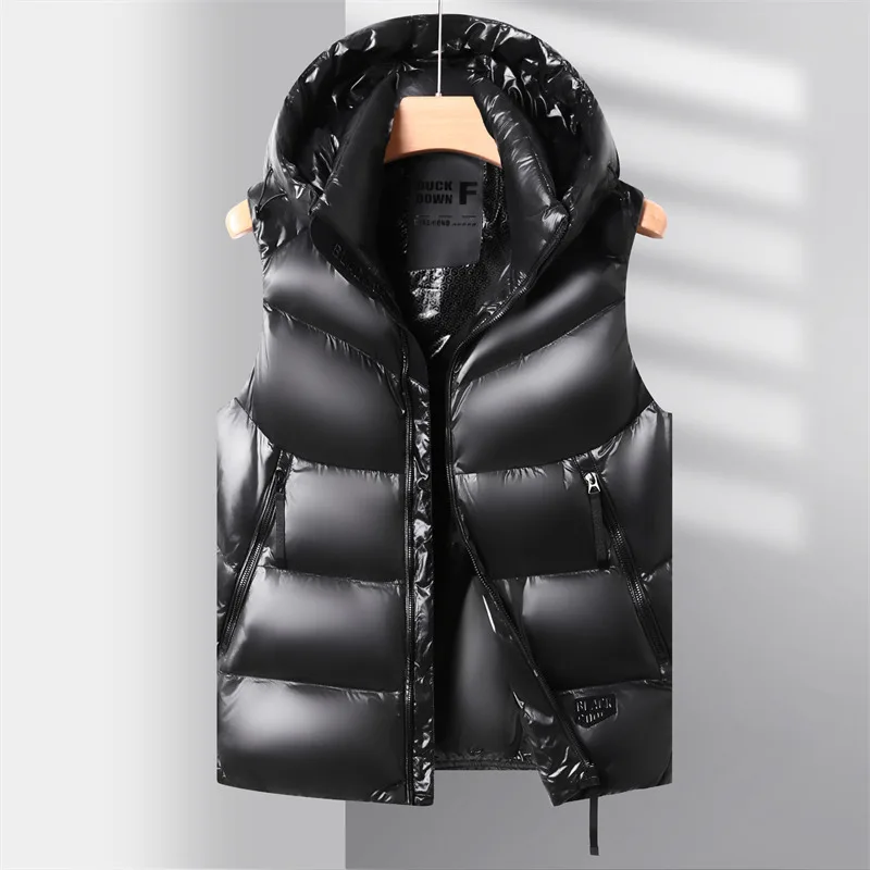 New Autumn Winter Men 90% White Duck Down Vest Hooded Sleeveless Jacket Shiny Black Warm Puffer Waistcoat Casual Outerwear Gilet view 5