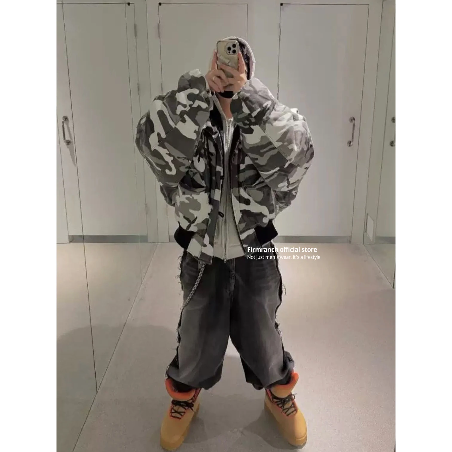 Firmranch Korean Fashion Snow Camouflage Cotton Padded Jacket For Men Women Winter Hooded Thick Bread Coat High Street Outfits