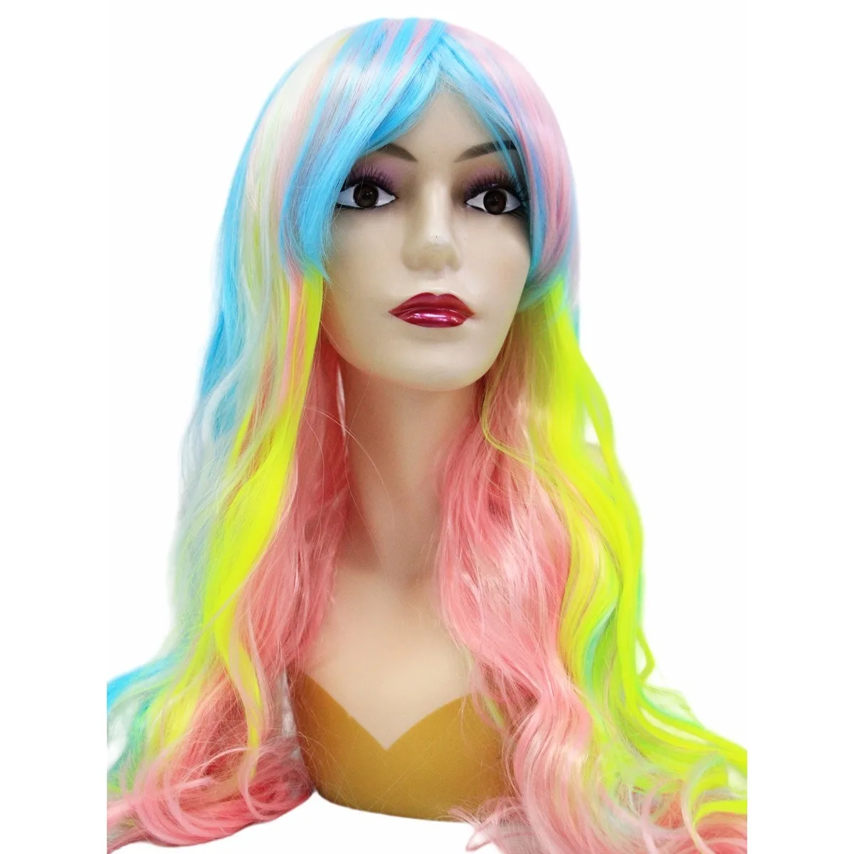 Pastel Rainbow Multicolor Long Wavy SyntheticWig with Side Bangs,Vibrant Carnival Style for Cosplay Rave Party Halloween Costume