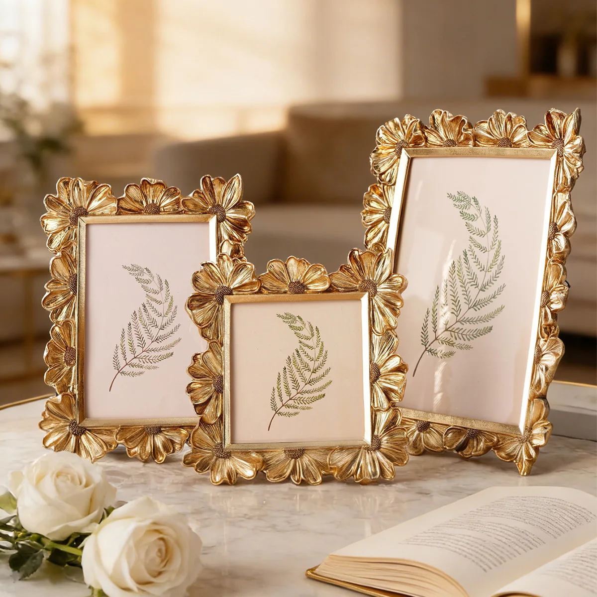 1PC, European-style Golden Three-dimensional Daisy Engraved Decorative Photo Frame, Resin Material Flower Photo Display Frame