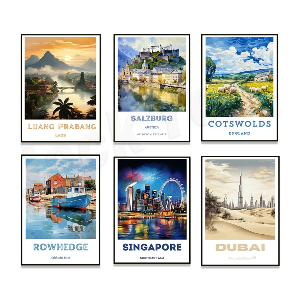 Greece, Dubai, Colchester, Johannesburg, Luang Prabang, Laos, Salzburg, Tokyo Shibuya Crossing, Singapore, Malibu travel posters