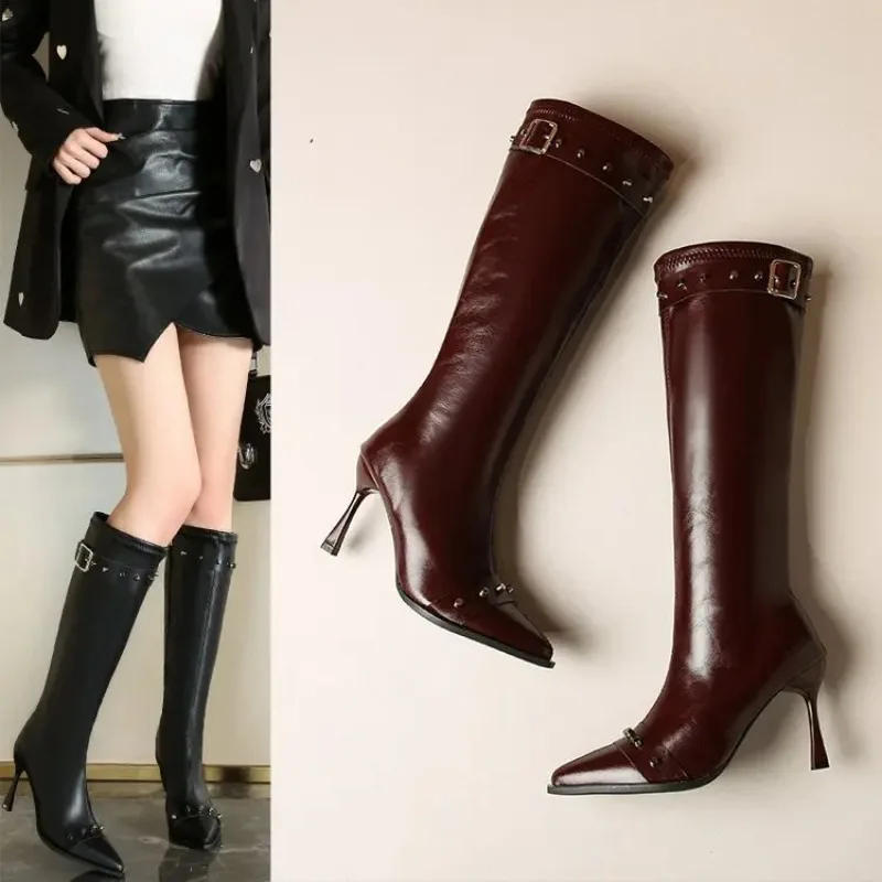 

2025 Hot Selling Single Boots Autumn New Pointed Toe Rivet Metal Buckle Side Zipper Anti-Slip Wear-Resistant Cylinder