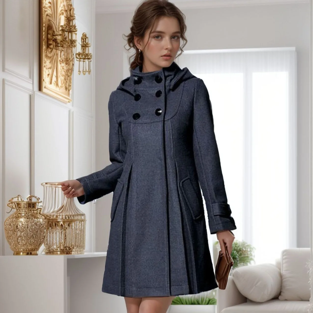 Long Sleeve Women's Woolen Coat with Hood and Double Breasted Buttons