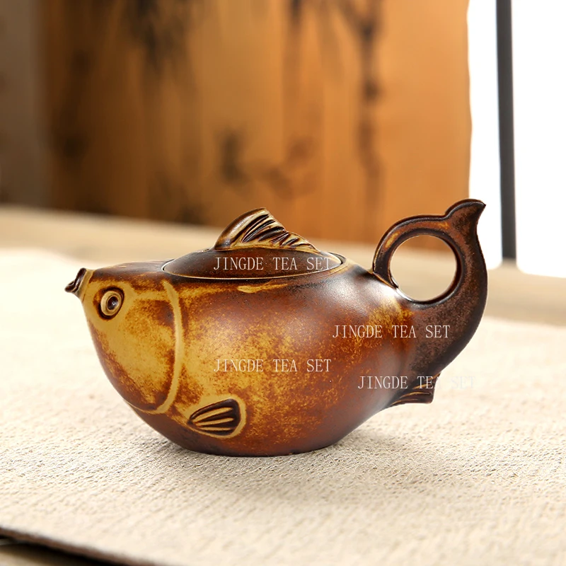 

Грубый керамический чайник с рыбой, маленький чайник, бытовой китайский чайный сервиз кунг-фу, ручной горшок, чашка для заварки чая