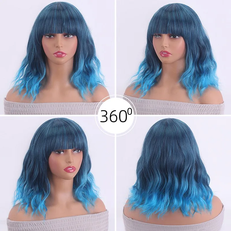 

Women's Wig Med-Length Wavy Curly Wig Blue Ladies Fluffy Hair Wig
