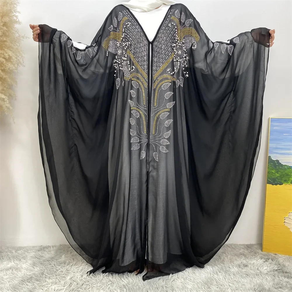 

Luxury Rhinestone Muslim Women Open Abaya Kimono Maxi Dress Chiffon Boubou Dubai Cardigan Islamic Eid Gown Abayas Morocco Caftan