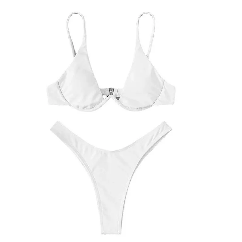 Summer Swimwear Bikini Triangle Top Thong Bottom Padded Bikinis Solid Color High Stretch Swimsuit Two Piece Women's Beach Sets