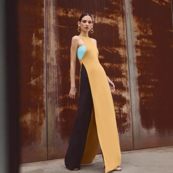 Vestido adelgazante de empalme de tres colores, falda elegante hasta la rodilla, cintura imperio, estación independiente de moda, vestido más vendido