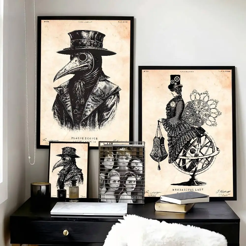 Vintage Dark Academia Plague Doctor Mask Character   Posters High Quality Self-adhesive Wall Art Decorations Color Prints Sticky