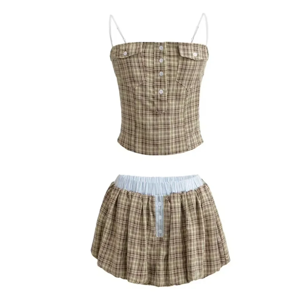 

CPSYMYM Sets Spring Summer Hotsweet K-Style Plaid Single Breasted Sleeveless Natural Waist Mini Casual Sets For Women
