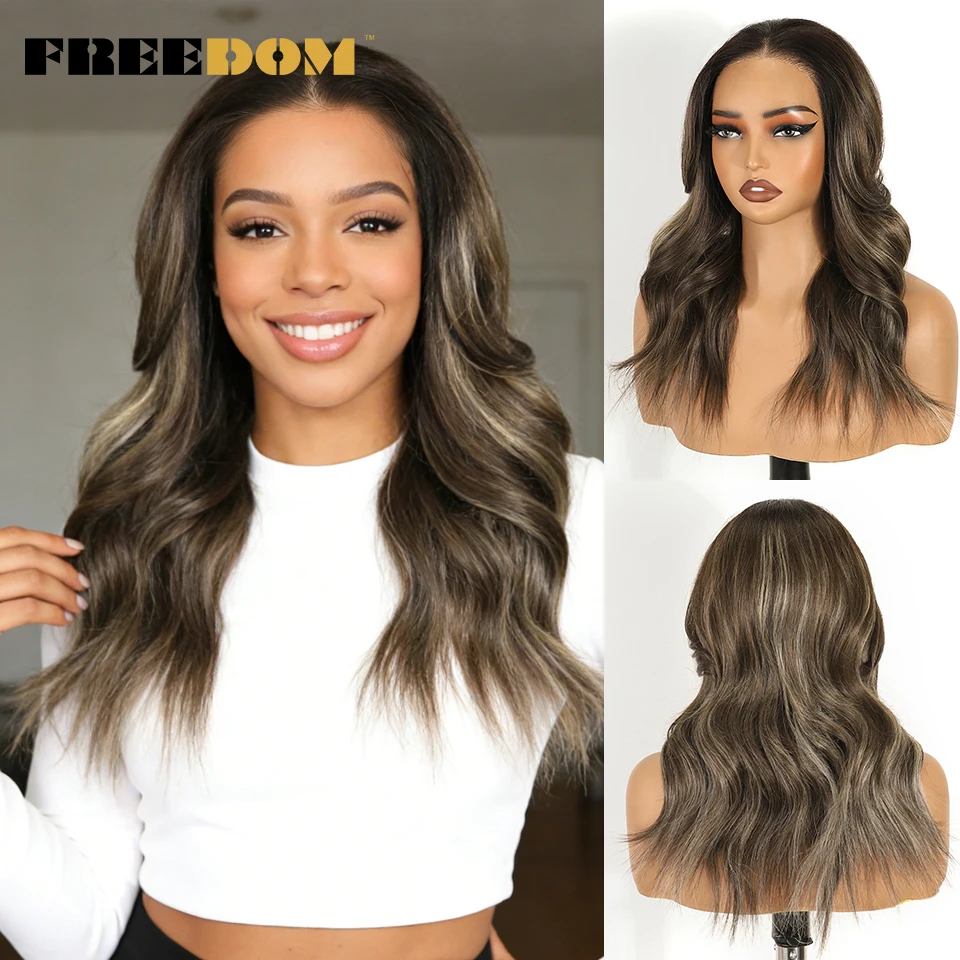 FREEDOM Synthetic Lace Front Wigs For Women Natural Wavy 18 Inches 13x3 Pre Plucked Lace Wig Pre-cut Ombre Brown Highlight Wigs