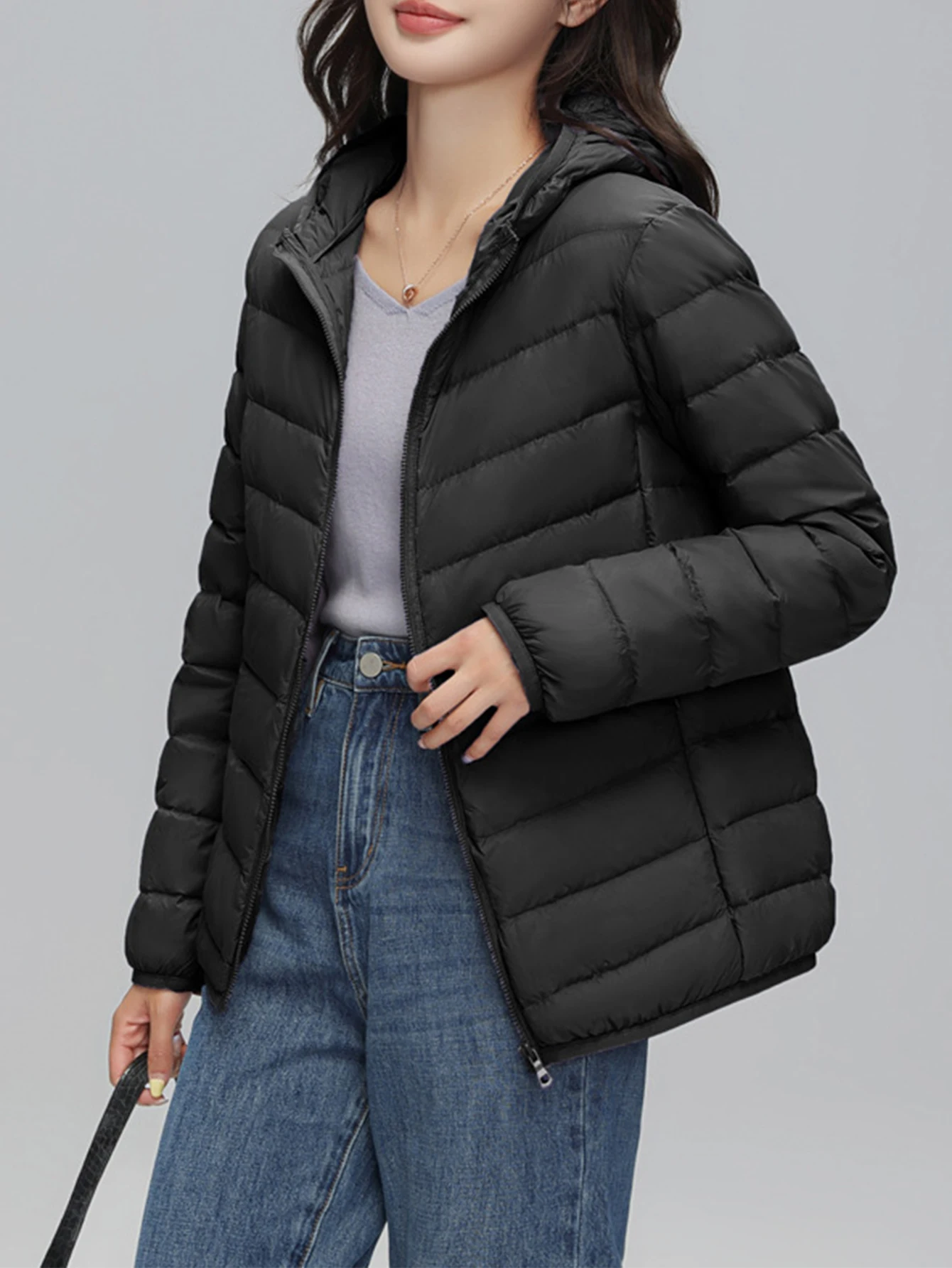 سترة نسائية بأكمام طويلة للخريف والشتاء بلون سادة وسحاب وغطاء للرأس ملابس يومية بأسلوب بسيط ملابس علوية