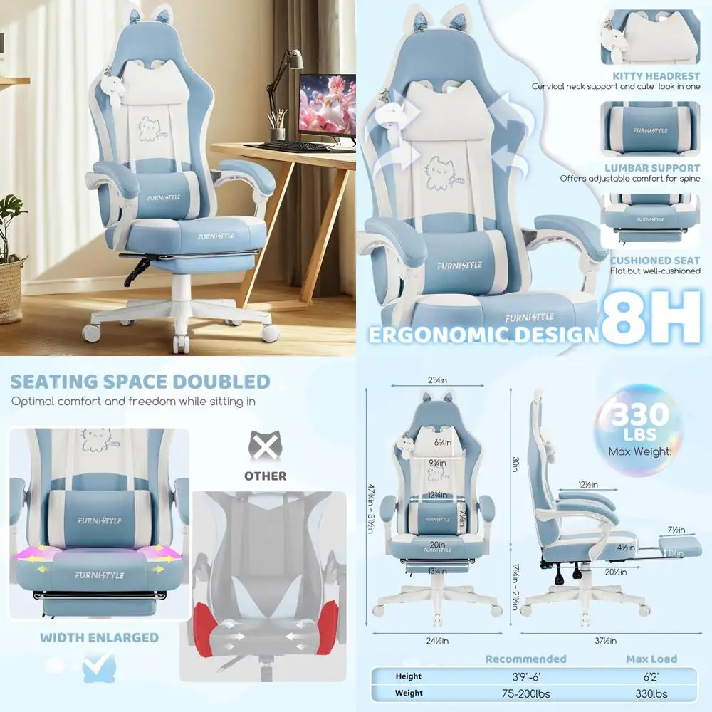 Ergonomic Gaming Chair for Adults with Pocket Spring Cushion, Massage Lumbar Support, and Headrest for Comfortable Video Gaming