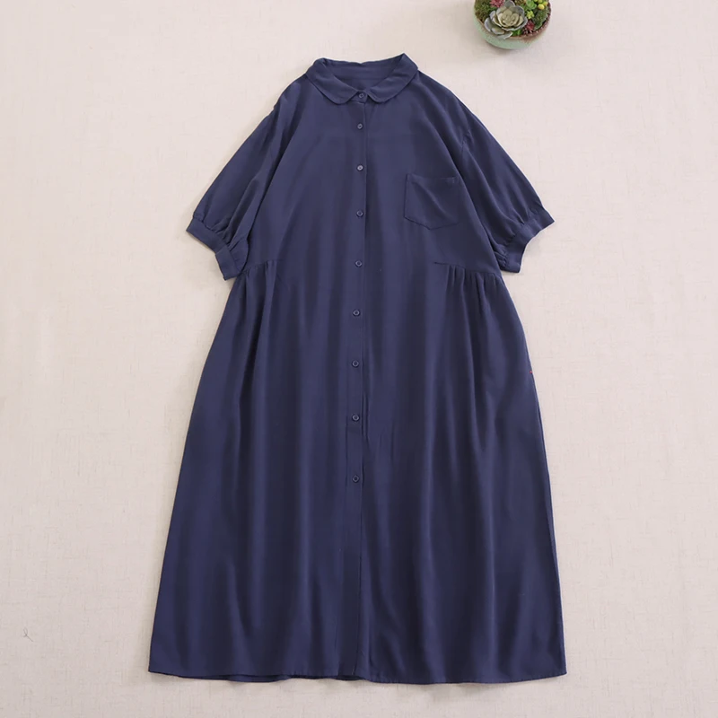 

Summer New Japanese Vintage Mori Girl Single Breasted Cotton Linen Shirt Dress Women Turn Down Collar Short Sleeve Casual Dress