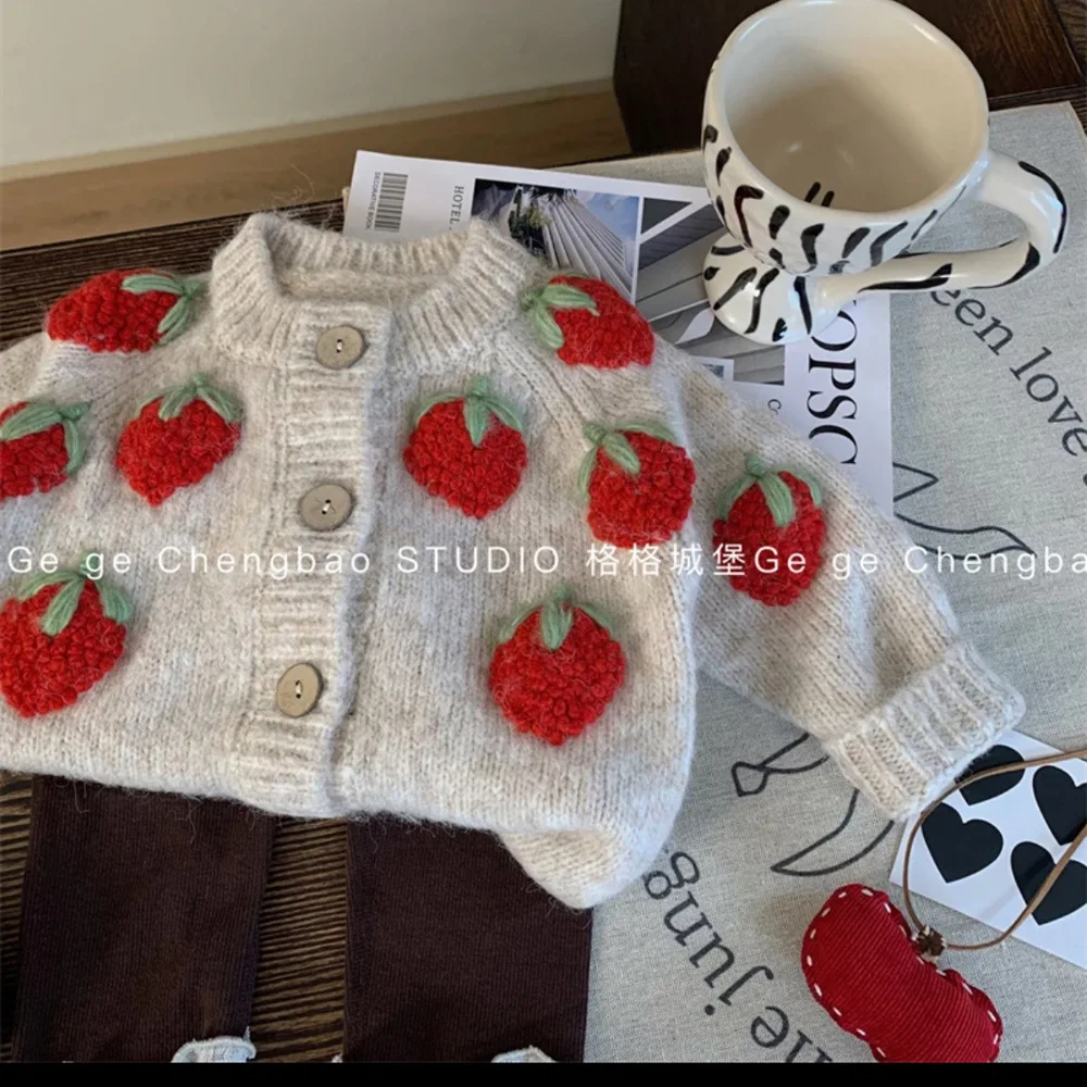 Girls Clothes Set 2024 Autumn New Hand-embroidered Strawberry Cardigan Sweater Girl Baby Fashion Leggings 2-piece Set