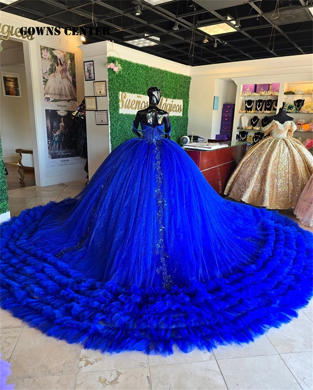 Fancy King Blue Mexican 15 Years Quinceanera Dresses Beaded Lace Appliques Ruched Train Ball Gown Off The Shoulder Wedding Dress