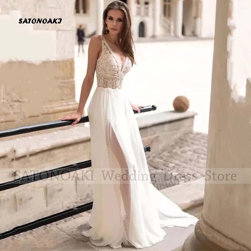 Customized Elegant Simple Side Split Lace V-Neck Wedding Dress for Women A-Line Sweep Train Backless Bride Vestidos De Novia