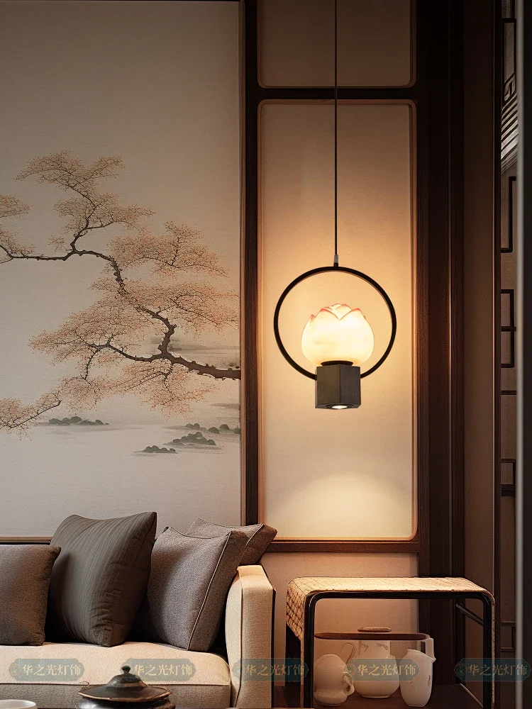 

Master bedroom bedside chandelier book dining table above Buddhist hall screen with spotlights golden antique dining room tea ro