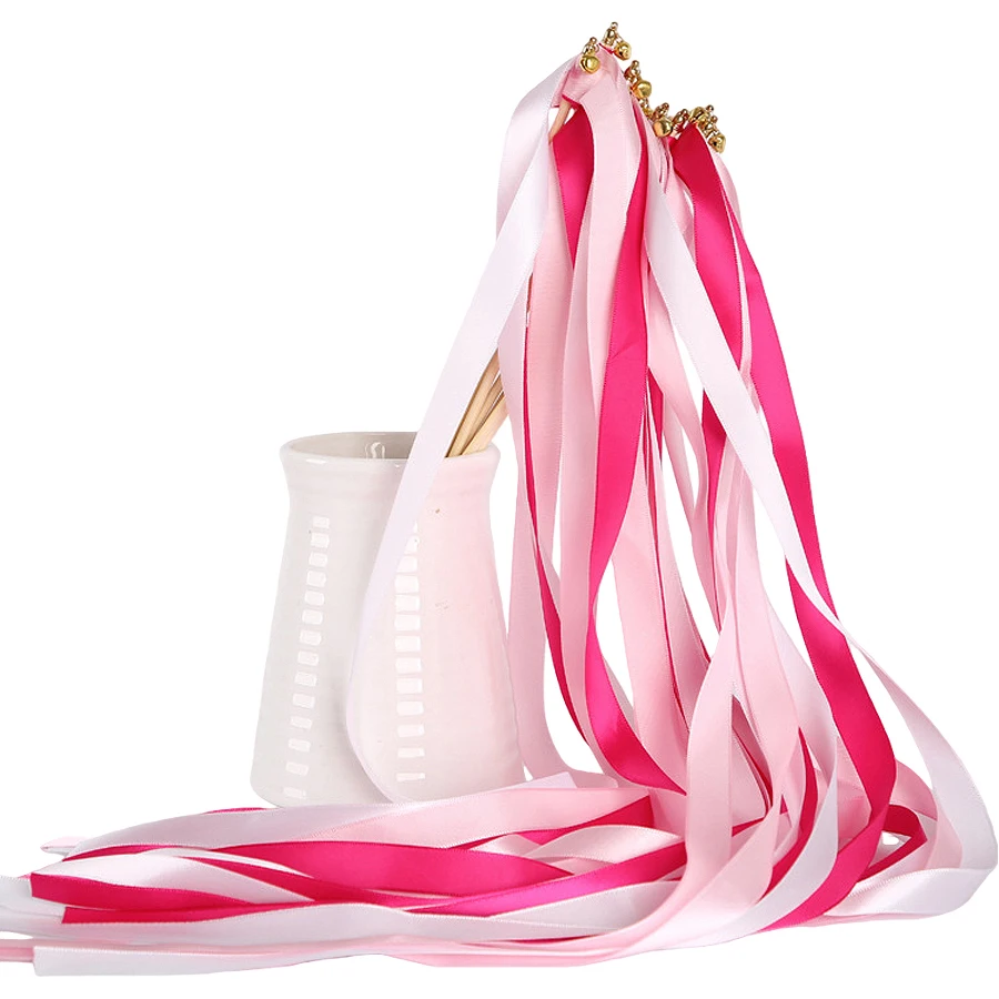10Pcs/Set Twirling Wands Ribbon Wedding Party Favor Sticks with Bell Bride Groom