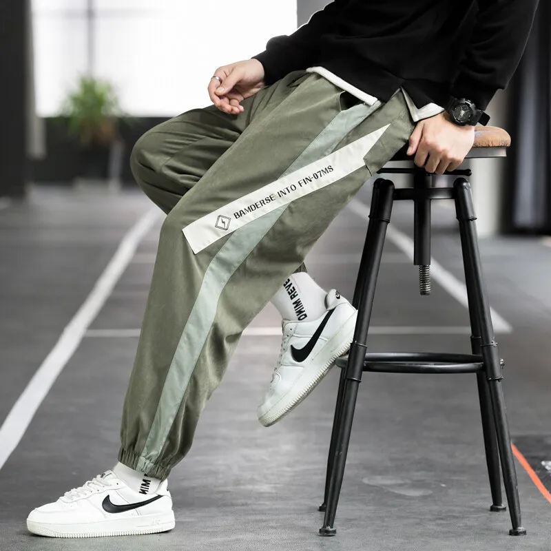 Letter Printing Elastic Pockets Contrast Color High Waisted Men's Clothing Boyfriend Bloomers Cargo Spring Autumn Commuter Pants