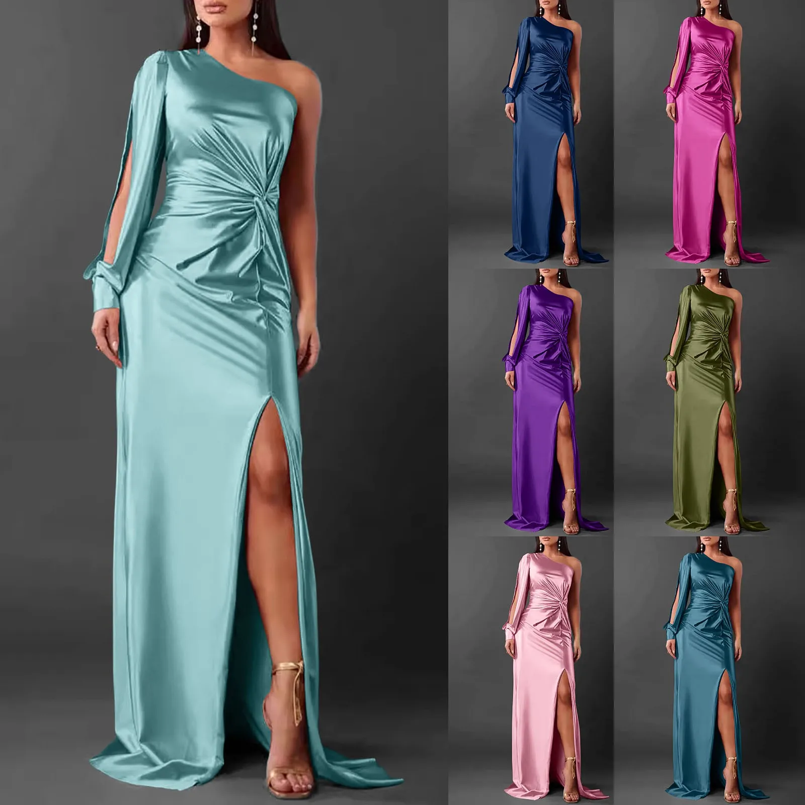 Elegant Slanted Collar Single Shoulder Sleeved Long Dress Pleated Waist High Split Sexy Dresses Women Party Formal Evening Dress