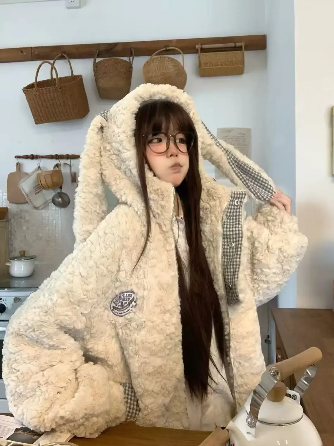NONSAR American Retro Plaid Long Rabbit Ears Lamb Wool Coat Women Winter Cute Thickened Warm Loose Furry Hooded Jackets