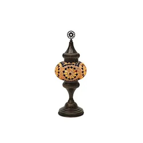 LaModaHome English Moroccan Handmade Mosaic Glass Table Lamp Light with Decorative Dark Polished Copper Fixture for Bedroom, Liv