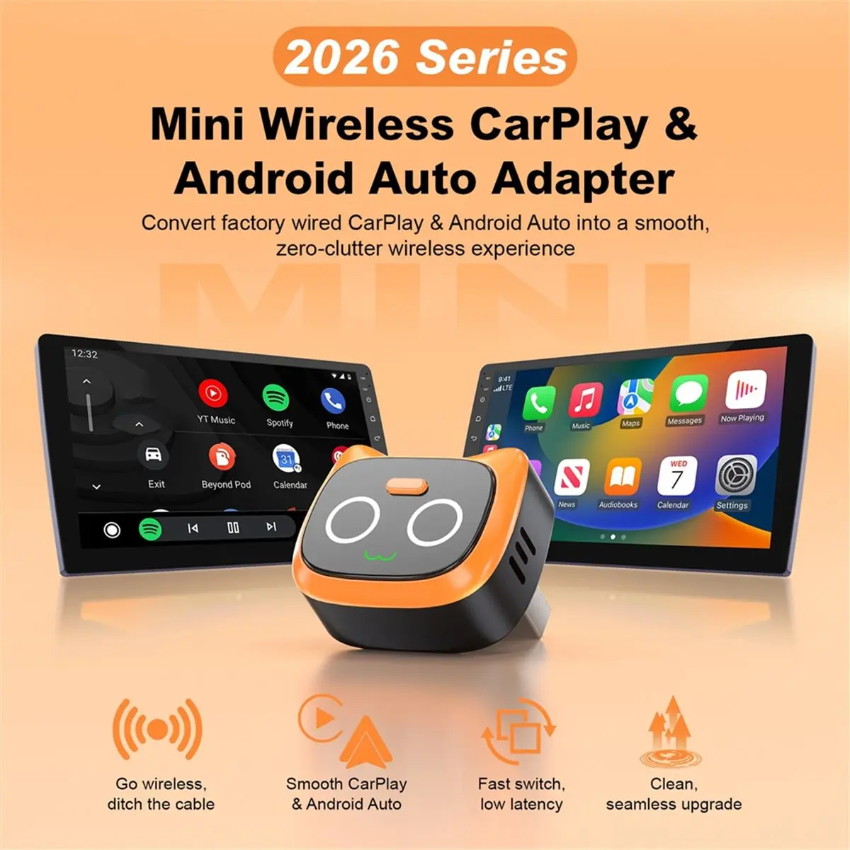 DT89 NEW Mini Wireless Carplay for Android Auto & CarPlay Adapter 2.4Ghz&5Ghz WiFi BLE Auto Connect OTA Upgrade Box Orange