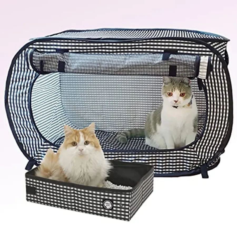 

Cat travel carrier cage for stress-free enclosure use, collapsible PP plastic with gray and white stripes, includes litter box