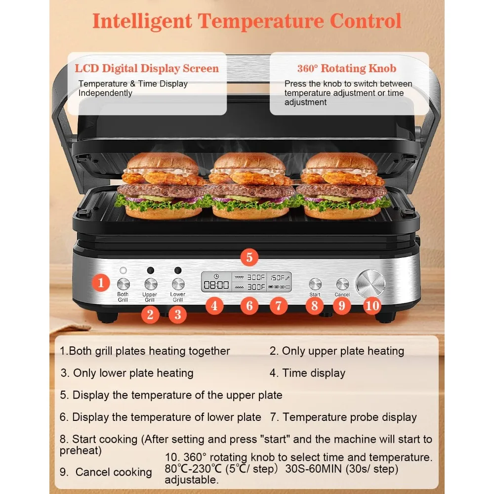 with Removable Plates, 6 in 1 Indoor Grill & Griddle with Meat Thermometer, CATTLEMAN CUISINE