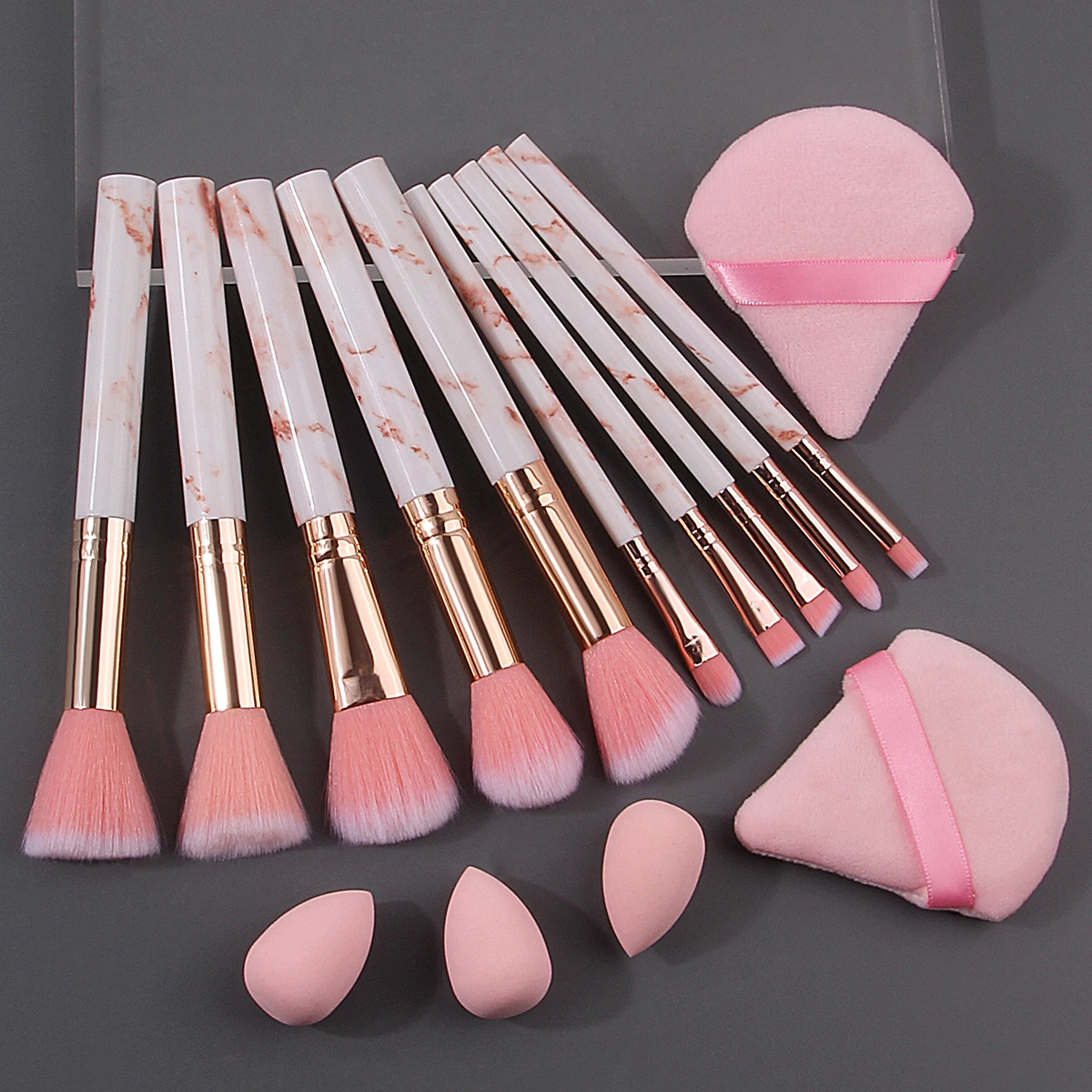 10 STKS gemarmerde multifunctionele make-up kwastenset + 2 STKS driehoekige poederdons + 3 STKS mini spons schoonheid ei schoonheid gereedschap