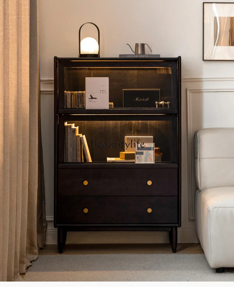 

Solid wood living room display TV vertical cabinet flap door locker black furniture
