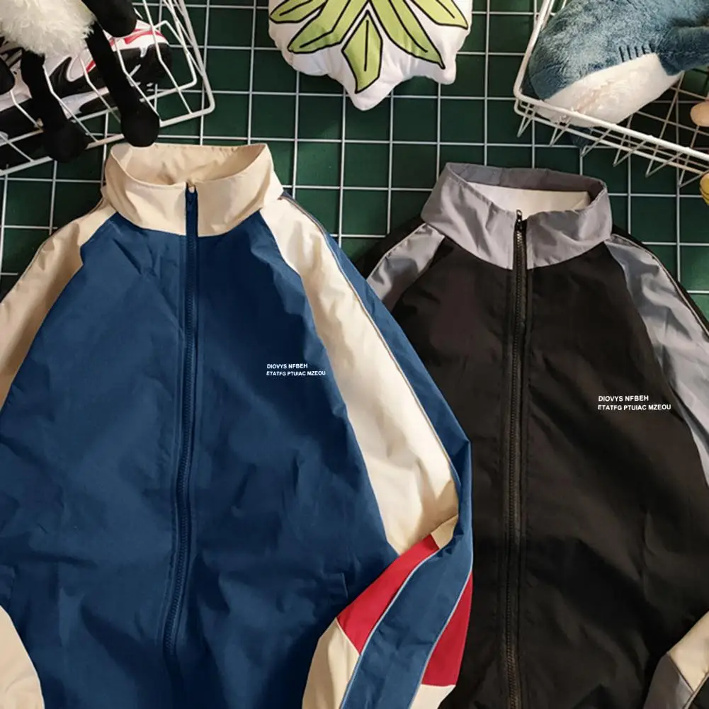 Chaqueta Vintage de bloque de Color para hombre, abrigo de béisbol con cierre de cremallera, cuello levantado, ropa de calle a prueba de viento, primavera y otoño