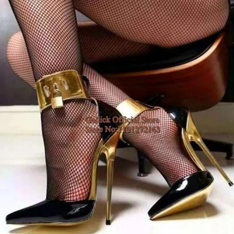 

16CM Gold Padlock Ankle Strap High Heel Pumps Black Leather Pointed Toe Ultra Stiletto Heels Banquet Evening Shoes Golden Heels